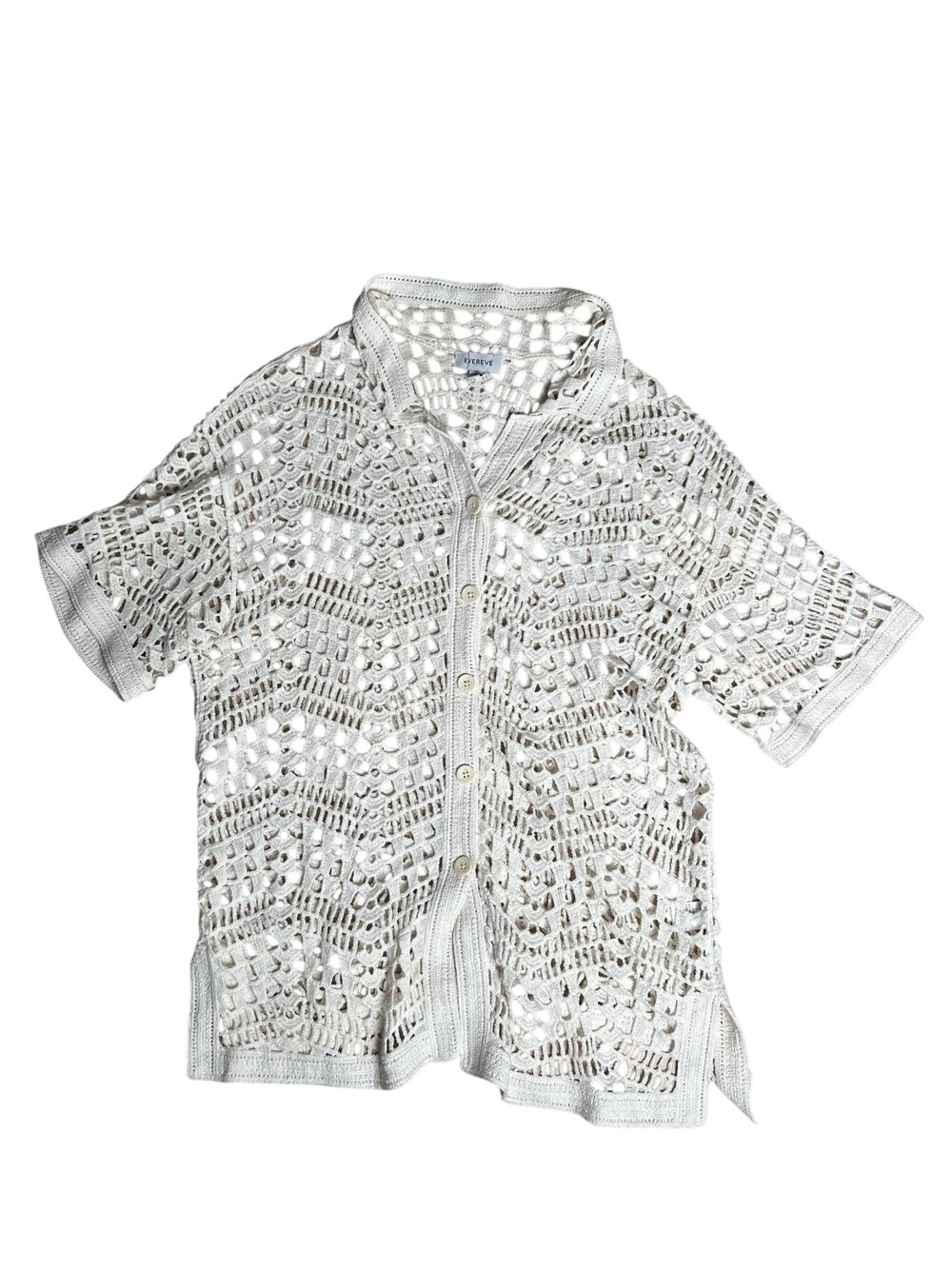 EVEREVE Button-Up Womens XL White Crochet Open Knit Short Sleeve 100% Cotton